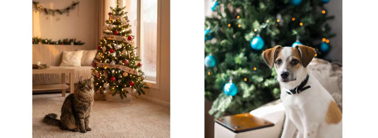 A cat in front of a Christmas Tree and a Dog in front of a Christmas Tree