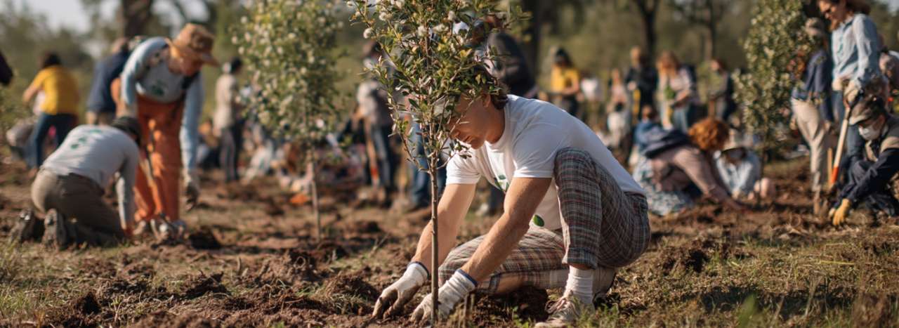 A community planting trees in autumn - public domain image