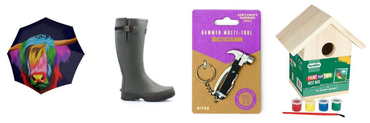 Doppler Umbrella, Rochette Boots,.  DesignWorks Ink Multitool, Guardman 'Paint Your Own' Nest Box