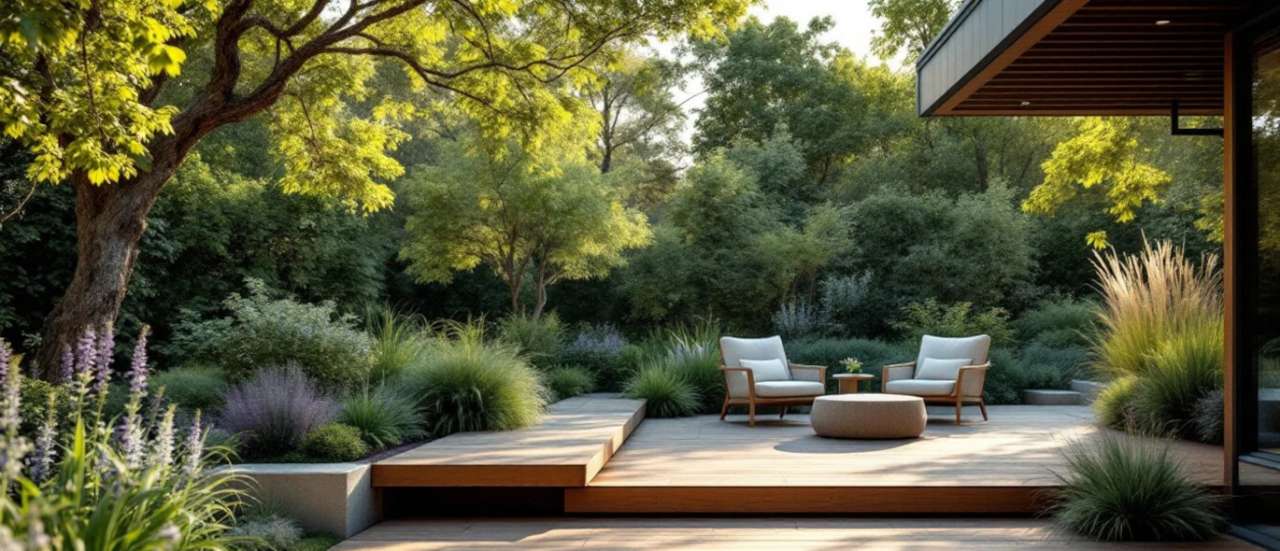 Modern Garden Design with raised beds and layered planting - Image courtesy of StockCake