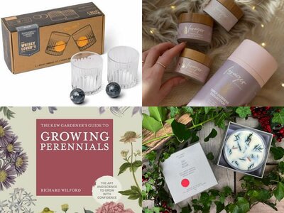 A range of gift ideas from ardcarne garden centre - whiskey glasses, candle and books
