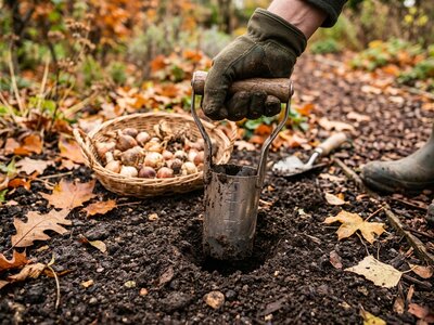 Using a bulb planter to prepare the ground for spring bulbs