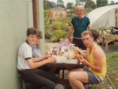 1989 - In the lunchroom with Adrienne, Joey, Johnny, Paul & Finbar